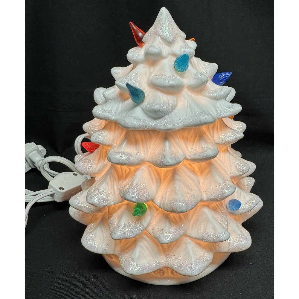 Vintage 8" White Ceramic Light Up Christmas Tree With Train In Mold On Trim
